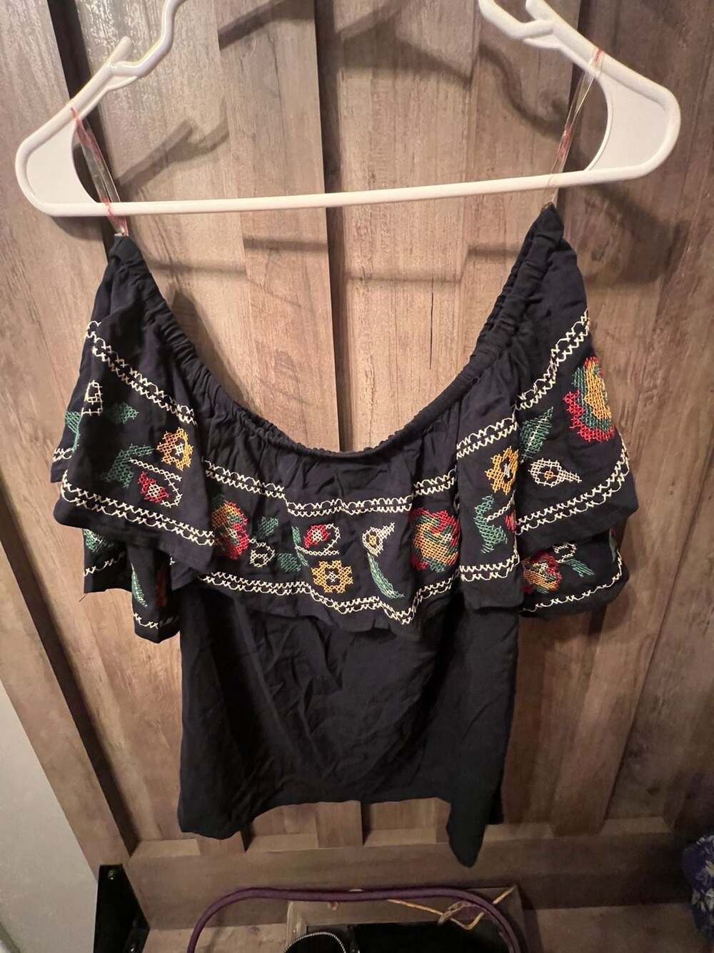 Flying Tomato Black Off-Shoulder Floral Embroidered Peasant Top
